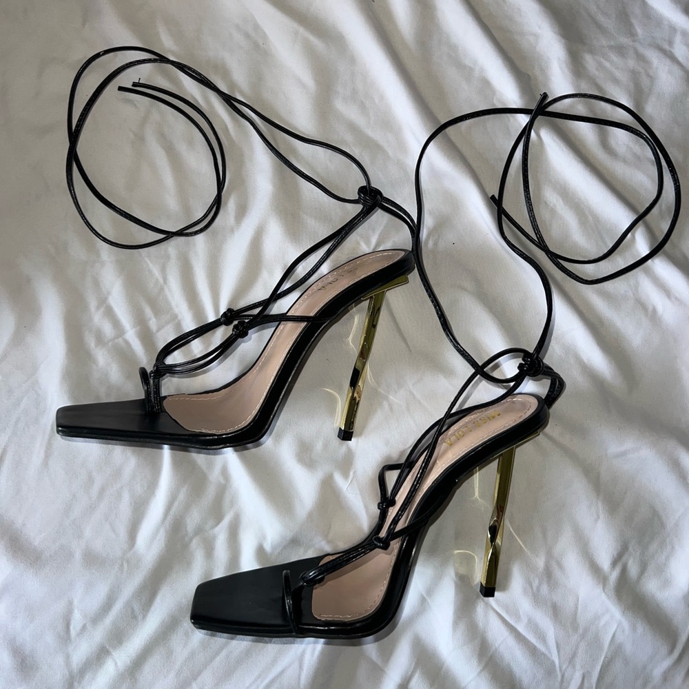 Miss Lola Black and Gold Strappy Heels